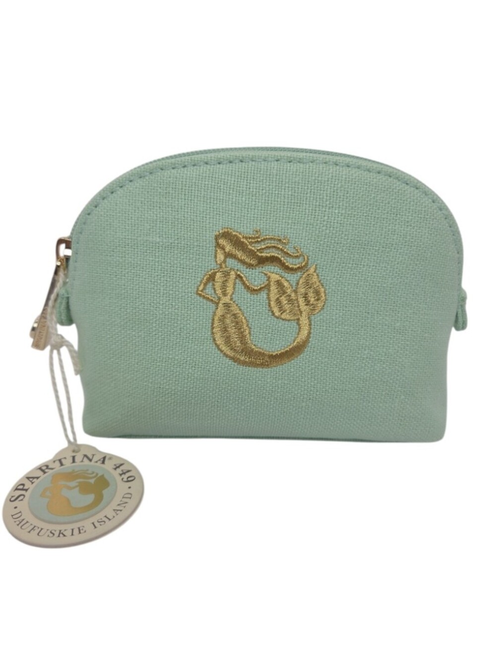 Spartina 449 Cosmetic Case Small Gold Metallic Embroidered Mermaid Seafoam NEW